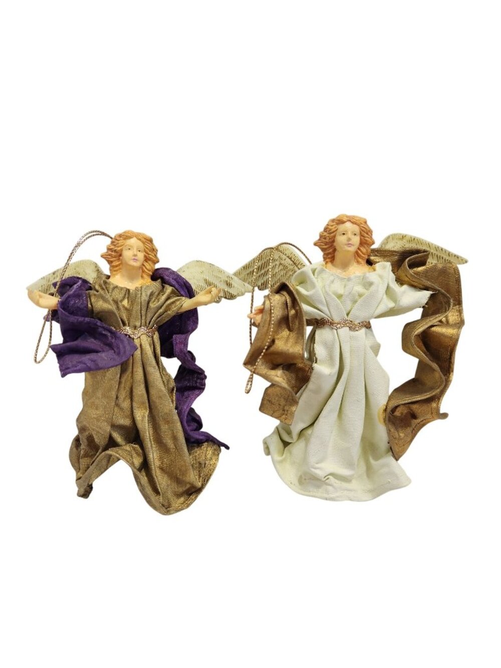 Pair of Fabric Robed Angels Gold Wings Vintage Style Christmas Holiday READ